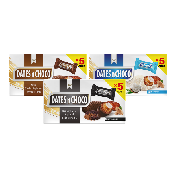 DATESnCHOCO X 3 Adet Sütlü Bitter Beyaz Çikolata ve Hindistan Cevizli Kaplı Bademli Hurma 