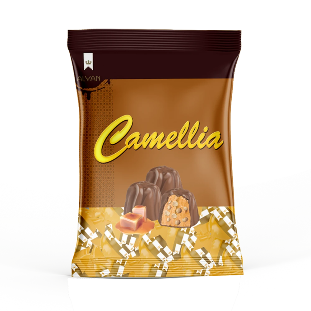 Camellia Karamel Aromalı Krema Dolgulu Pirinç Patlaklı Sütlü Kokolin 500gr*8(YASTIK POŞET)